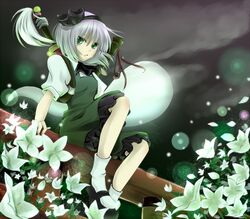  black_hairband cloud commentary_request female flower ghost green_eyes grey_hair hair_ribbon hairband konpaku_youmu konpaku_youmu_(ghost) mary_janes night petals ribbon rikkunia shoes short_hair sitting solo sword touhou weapon 