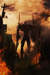  artist_request building cloud eva_01 evangelion_(mecha) fire glowing glowing_eyes gun holding holding_gun holding_weapon horns mecha mecha_focus neon_genesis_evangelion no_humans pallet_rifle_(evangelion) photoshop_(medium) robot science_fiction single_horn solo source_request standing weapon 