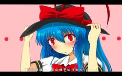  alternate_headwear blue_hair blush bow commentary_request cosplay female hands_on_headwear hat hat_bow hat_ribbon highres hinanawi_tenshi letterboxed long_hair nagae_iku nagae_iku_(cosplay) nekominase puffy_sleeves red_eyes ribbon shirt short_sleeves solo touhou translation_request upper_body 