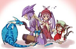  1boy 2girls :3 animal_ears armor bad_id bad_pixiv_id braid brown_hair cat_ears cat_tail chen dragon dragoon dragoon_(final_fantasy) dragoon_wyvern_(ff11) dress final_fantasy final_fantasy_xi hat kawahagi multiple_girls multiple_tails mystia_lorelei paw_pose pink_hair pointy_ears ryu-san short_hair sweatdrop tail the_iron_of_yin_and_yang touhou twin_braids wings 