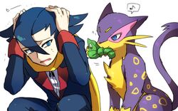  &acirc;&trade;&ordf; &ccedil;&not;&trade;&iuml;&frac12;&ordf; ? blue_eyes blue_hair cowering elite_four gift giima_(pokemon) hands_on_head kurumiru liepard lowres pokemon pokemon_(game) pokemon_black_and_white pokemon_bw present reparudasu scared scarf sewaddle shaking short_hair simple_background squatting sweat tears translation_request 