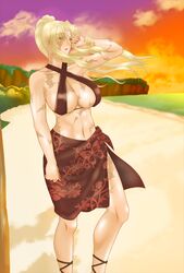  balalaika balalaika_(black_lagoon) bare_shoulders beach bikini_top black_lagoon blonde_hair blue_eyes bracelet braclets breasts cleavage female jewelry lipstick long_hair makeup navel ocean paya paya_(paya19891115) ponytail sand sarong scar scars skirt sunset 