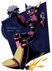  1boy bad_id bad_pixiv_id circular_saw gears glowing glowing_eyes male_focus mega_man_(classic) mega_man_(series) mega_man_2 metal_man saw solo sparks spurs tsubasuke weapon 