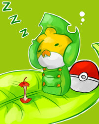  apple cute food fruit kurumiru leaf no_humans poke_ball pokeball pokemon pokemon_(game) pokemon_black_and_white pokemon_bw sewaddle sleeping source_request 