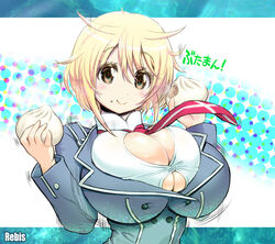  artist_name baozi blazer blonde_hair blush bouncing_breasts breasts bursting_breasts buttons cleavage cleavage_cutout closed_mouth clothing_cutout commentary english_commentary female flipped_hair food food_on_face hair_between_eyes halftone halftone_background holding huge_breasts imminent_wardrobe_malfunction impossible_clothes jacket letterboxed long_sleeves looking_at_viewer mermaid_lovers motion_lines necktie orange_eyes rebis school_uniform shin-rin_(mermaid_lovers) shirt short_hair smile solo steam taut_clothes translated turtleneck underboob underboob_cutout undersized_clothes upper_body 