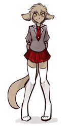  ambiguous_gender anthro basitin blush bottomwear brown_body brown_fur clothed clothing colored conditional_dnp digitigrade embarrassed fur keith_keiser legwear male_(lore) mammal paws_in_socks school_uniform simple_background skirt solo stockings thigh_highs tom_fischbach twokinds uniform white_background yellow_eyes 