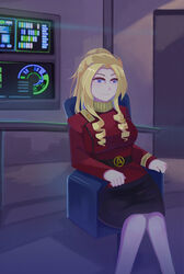  blonde_hair blue_eyes cosplay crossover female hair_tied helmsman hi_res high_res looking_away_from_viewer mankitsu_happening midou_sayaka pilot seated simple_illust star_trek star_trek:_the_wrath_of_khan uniform 