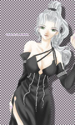  asagiri_kusa black_dress breasts cleavage detached_sleeves dress earrings female gensou_suikoden gensou_suikoden_iii green_eyes jeane_(suikoden) jewelry large_breasts long_hair lowres ponytail side_slit silver_hair solo 