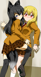  2girls against_wall animal_ears bad_id bad_pixiv_id black_hair blonde_hair blush closed_mouth fox_ears fox_tail holding_hands interlocked_fingers kanaya_azami kouju_(ukagaka) long_hair multiple_girls pole_(ppp1409) purple_eyes red_eyes school_uniform shadow split_mouth tail thighhighs ukagaka yuri 