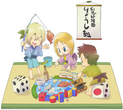  2boys barefoot blonde_hair bottle brown_eyes brown_hair bucket chibi closed_eyes dice doll feet female female fish fishing_rod gensou_suikoden gensou_suikoden_i gensou_suikoden_ii headband japanese_clothes kimberley kimono long_hair male multiple_boys open_mouth pond ryousibu short_hair sitting squid suikoden suikoden_i suikoden_ii tai_ho train yam_koo 