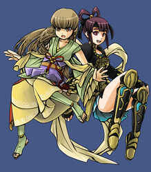  2girls :o armor blue_background boots brown_eyes brown_hair commentary_request dress full_body gensou_suikoden gensou_suikoden_v greaves green_legwear hair_ribbon hair_rings headband ichiban_shibori japanese_clothes knee_boots long_hair lymsleia_falenas miakis_(suikoden) multiple_girls purple_hair red_eyes ribbon sandals short_hair skirt smile 