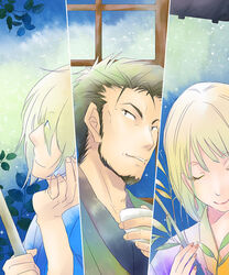  2boys beard black_hair blonde_hair blue_eyes brown_eyes closed_eyes facial_hair female female gensou_suikoden gensou_suikoden_i gensou_suikoden_ii japanese_clothes kimberley kimono long_hair male multiple_boys plant ryousibu short_hair suikoden suikoden_i suikoden_ii tai_ho yam_koo 