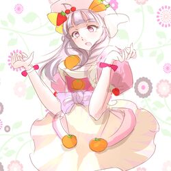  apron bad_id bad_pixiv_id bow carrot cherry commentary_request cooking_idol_ai!_mai!_main! cosplay dress female food fruit grey_hair hat hiiragi_mine hiiragi_mine_(cosplay) ice2002 idolmaster idolmaster_(classic) long_hair orange_(fruit) red_eyes shijou_takane solo strawberry wrist_cuffs 