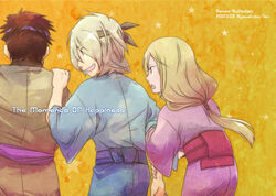  2boys blonde_hair brown_hair female female gensou_suikoden gensou_suikoden_i gensou_suikoden_ii headband japanese_clothes kimberley kimono long_hair male multiple_boys open_mouth ryousibu short_hair suikoden suikoden_i suikoden_ii tai_ho yam_koo 