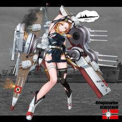  absurdres arm_over_head armpits black_thighhighs blonde_hair blue_eyes boots bra bra_slip breasts cannon character_name chinese_commentary commentary_request explosion female fire flare flare_gun full_body gloves gneisenau gneisenau_(warship_girls_r) highres large_breasts machinery military military_uniform military_vehicle mini_person minigirl nazi_war_ensign official_art photo_background photoshop_(medium) rail_(silverbow) rebellion_army_flag rigging rodney_(battleship) rudder_footwear scabbard scharnhorst_(warship_girls_r) sheath sheathed ship shirt silhouette single_thighhigh smoke solo sword tears thigh_strap thighhighs thought_bubble torn_clothes torn_shirt torn_thighhighs turret underwear uniform warship_girls_r watercraft weapon white_bra 