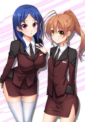  2girls active_raid blue_hair brown_hair commentary_request formal hoshimiya_haruka long_hair looking_at_viewer multiple_girls necktie pencil_skirt photoshop_(medium) pochadon ponytail red_eyes side_slit skirt skirt_suit suit thighhighs uniform yamabuki_rin yellow_eyes 