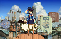  bad_id bad_pixiv_id black_hair cloud corrugated_galvanized_iron_sheet day female hair_over_one_eye hat lantern outdoors power_lines rooftop rust sheep short_hair smile solo task_utsushita transformer utility_pole vocaloid wonderland_to_hitsuji_no_uta_(vocaloid) 