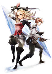  1boy 5pb. armor blonde_hair boots bravely_default:_flying_fairy bravely_default_flying_fairy brown_eyes edea_lee edih female gloves knife orange_hair pantyhose ribbon sword tights tiz_oria weapon wide_hips 