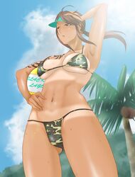  armpits arms_up bare_shoulders beach bikini black_lagoon breasts brown_eyes brown_hair camouflage cleavage cloud hand_on_head hand_on_hip hips navel open_mouth paya paya_(paya19891115) revy revy_(black_lagoon) sun sweat swimsuit tan tanline tattoo visor 