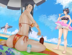  1boy 2girls ass bare_shoulders barefoot beach bikini black_eyes black_hair black_lagoon black_nails blush breasts dolphin feet green_eyes lipstick long_hair looking_back makeup multiple_girls nail_polish ocean paya paya_(paya19891115) popsicle purple_hair rotton_the_wizard sawyer_the_cleaner scar sexually_suggestive shark shenhua short_hair sideboob sitting soda speedo sweat swim_briefs swimsuit toenail_polish toes tube_top tubetop white_hair 