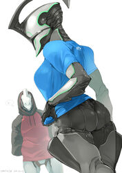  1boy ario artist_name ass bodysuit breasts commentary_request dated excalibur_(warframe) female helmet hood hoodie humanoid_robot medium_breasts nyx_(warframe) robot see-through_silhouette shirt simple_background skin_tight solo_focus t-shirt warframe white_background 