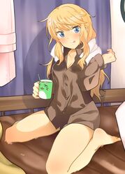  216_zig barefoot blonde_hair blue_eyes blush breasts brown_shirt cleavage commentary_request cup dress_shirt feet female food food_on_face hand_up highres holding holding_cup idolmaster idolmaster_cinderella_girls indoors legs licking_lips long_hair looking_at_viewer medium_breasts milk_mustache mug no_pants ohtsuki_yui pina_korata shirt sitting smile solo swept_bangs thighs tongue tongue_out towel towel_around_neck wariza wavy_hair 