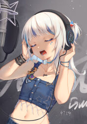  bare_shoulders blue_hair bracelet buttons closed_eyes collarbone cropped_shirt denim denim_shirt denim_shorts english_commentary eyelashes female gawr_gura grey_background hair_ornament hand_on_headphones headphones highres holding holding_headphones hololive hololive_english jewelry long_hair microphone multicolored_hair music necklace one_side_up open_mouth pop_filter recording_studio ring shark_hair_ornament sharp_teeth shorts simple_background singing solo streaked_hair studio_microphone tank_top teeth virtual_youtuber white_hair yuenillus 