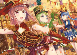  3girls :d agetake band_uniform bent_over blue_eyes blue_gloves blue_hair cloud commentary_request confetti drum drum_major drumsticks dutch_angle elbow_gloves epaulettes gloves green_gloves green_hair instrument long_hair looking_at_viewer looking_to_the_side marching_band marching_band_baton multiple_girls music open_mouth orange_sky original parade pink_eyes pink_hair planter playing_instrument red_gloves salute sett short_hair sky smile snare_drum streamers town trumpet twilight two_side_up 