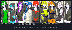  4girls 5boys :| adjusting_clothes adjusting_hood alternate_eye_color alternate_hair_color amamiya_hibiya aqua_hair aqua_shirt aqua_shorts arm_up arrow_(symbol) arrow_print bangs_pinned_back black_hair blue_eyes blue_hair bow braid breasts building can casual chain-link_fence character_name closed_mouth clothes_around_waist collarbone color_coordination colored_eyelashes column_lineup commentary_request copyright_name cross-laced_clothes cross-laced_slit day daze_(kagerou_project) diagonal_stripes dress ene_(kagerou_project) fence fuku-ro glaring green_eyes green_hair green_shirt grey_hair grey_hoodie hair_ornament hair_over_one_eye hairbow hairclip headphones highres holding holding_can hood hood_down hood_up hoodie kagerou_project kano_shuuya kido_tsubomi kisaragi_momo kisaragi_shintarou konoha_(kagerou_project) kozakura_marry long_bangs long_hair long_sleeves looking_at_viewer matching_outfits md5_mismatch medium_breasts midair multiple_boys multiple_girls neck_warmer notched_neckline numbered one_eye_closed one_eye_covered one_side_up open_clothes open_mouth orange_hair orange_shorts outdoors paint_on_clothes paint_splatter pants partially_unzipped pink_bow pink_eyes pink_ribbon pleated_skirt power_lines red_eyes red_hair red_shirt ribbon sanpaku serious seto_kousuke shirt short_hair shorts side_braid single_braid skirt smile spray_can spray_paint straight-on striped t-shirt teeth thighhighs twintails two-tone_thighhighs typo upper_body upper_teeth_only v-neck white_bow white_dress white_hair white_pants white_shirt white_skirt yellow_shirt zipper 