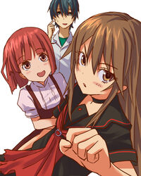  2girls akai_ringo_(ookami-san) blunt_bangs blush brown_eyes brown_hair choker commentary_request flat_chest foreshortening hands kaeru_(kaerism) long_hair morino_ryoushi multiple_girls ookami-san ookami_ryouko open_mouth red_eyes red_hair short_hair smile sweat 