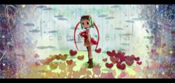  boots campanella_(vocaloid) commentary_request female fish flower goggles goggles_on_head grass gumi heart highres ichihaya letterboxed skirt solo staring vest vocaloid water_drop 