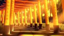  blurry commentary_request fushimi_inari_taisha highres multiple_torii niko_p no_humans orange_theme original path photoshop_(medium) road scenery sunset torii tree 