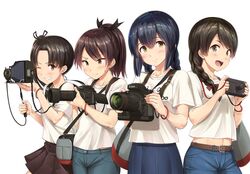  4girls :d ayanami_(kancolle) bag black_hair bracelet braid breasts brown_hair camera casual closed_mouth commentary_request contemporary crop_top denim grin hair_over_shoulder hair_ribbon ichikawa_feesu isonami_(autumn_mode)_(kancolle) isonami_(kancolle) jeans jewelry kantai_collection long_hair looking_at_viewer midriff multiple_girls navel one_eye_closed open_mouth pants ribbon shikinami_(kancolle) shirt shoulder_bag side_ponytail simple_background single_braid skirt small_breasts smile sweatdrop t-shirt twin_braids uranami_(kancolle) white_background yellow_eyes 