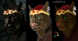  crown ear_piercing felid green_eyes hair headgear hi_res jewelry khajiit mammal microsoft piercing pink_nose progression red_hair roguelizard scar simple_background solo the_elder_scrolls zojarr 