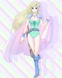  blonde_hair blue_eyes boots breasts cape celes_chere chains cleavage earrings female final_fantasy final_fantasy_vi full_body headband highres jewelry kkokko koikerosetta leotard long_hair sheath shoulder_pads solo sword weapon wristband 