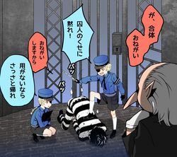  2boys 2girls amamiya_ren baton_(weapon) braid caroline_(persona_5) commentary_request expandable_baton eyepatch hat igor_(persona) justine_(persona_5) kicking lolicon mina_(o414) multiple_boys multiple_girls peaked_cap persona persona_5 prison prison_clothes shorts squatting translated uniform weapon yellow_eyes 