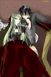  1boy black_hair c.c. cc code_geass couple dress female female green_hair highres lelouch_lamperouge long_hair male purple_eyes red_ribbon ribbon short_hair sitting witchonly yellow_eyes 