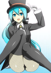  aqua_eyes aqua_hair checkered commentary_request female fishnet_pantyhose fishnets gloves hat hatsune_miku long_hair magician magician_(module) miracle_paint_(vocaloid) pantyhose photoshop_(medium) project_diva project_diva_(series) sitting smile solo thighhighs thighhighs_over_pantyhose top_hat vocaloid wakame 