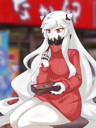  abyssal_ship alternate_costume bento chopsticks colored_skin commentary_request covering_own_mouth eating female horns kantai_collection long_hair midway_princess nakau pale_skin red_eyes ribbed_sweater sangue_llia sitting solo sweater white_hair white_skin 