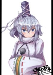  3: blue_eyes blush commentary_request female frown grey_hair hands_in_opposite_sleeves hat highres japanese_clothes kariginu letterboxed looking_at_viewer mononobe_no_futo orinpachu ponytail short_hair solo tate_eboshi touhou v-shaped_eyebrows 