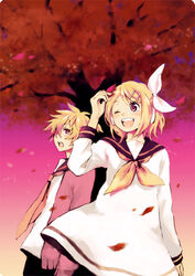  1boy bad_id bad_pixiv_id blonde_hair blush brother_and_sister dress female hair_ornament hair_ribbon hairclip headphones jacket kagamine_len kagamine_rin kuwahara_souta leaf looking_up necktie one_eye_closed open_mouth red_eyes ribbon sailor_dress short_hair siblings skirt smile tree twins vocaloid wind 