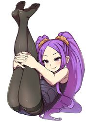  ass black_pantyhose commentary_request crossed_legs etori fate/grand_order fate_(series) feet female highres hugging_own_legs leg_lift legs legs_up long_hair lying naughty_face no_shoes on_back one-piece_swimsuit orange_scrunchie pantyhose pantyhose_under_swimsuit purple_eyes purple_hair school_swimsuit scrunchie smile soles solo swimsuit thighband_pantyhose twintails very_long_hair wu_zetian_(fate) 