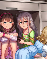  3girls ahoge all_fours barefoot blonde_hair blue_dress blue_eyes brown_hair choker commentary_request desk dress drill_hair earrings frills grey_eyes grey_hair heart heart_choker hoshi_syoko hugging_own_legs i_am_homeko idolmaster idolmaster_cinderella_girls jewelry long_hair morikubo_nono multiple_girls mushroom panties pantyshot parted_lips photoshop_(medium) sakuma_mayu sitting smile under_the_desk_(idolmaster) under_the_table underwear white_panties 