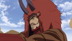  1boy animated animated axe horns horse lowres old old_man outdoors sengoku_basara takeda_shingen wall weapon 