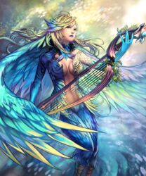  blonde_hair blue_lips commentary_request fantasy feathered_wings feathers female harp harpy head_wings instrument midriff monster_girl multicolored_hair navel niji2468 original solo winged_arms wings 