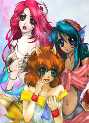  3girls animal_ears bandana bandana black_eyes breasts brown_hair cleavage egakimeu female green_eyes green_hair hat head_fins headfins juri juri_(yuu_yuu_hakusho) koto_(yu_yu_hakusho) koto_(yuu_yuu_hakusho) lipstick long_hair makeup midriff multiple_girls nail_polish nurse_cap ponytail red_hair ruka_(yu_yu_hakusho) ruka_(yuu_yuu_hakusho) tail wolf_ears wolf_tail wristband yu_yu_hakusho yuu_yuu_hakusho 