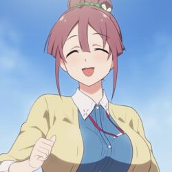  :d ^_^ animated animated blue_sky blush bouncing_breasts breasts brown_hair closed_eyes commentary_request day female hair_between_eyes hair_bun hair_ornament large_breasts long_sleeves mushiro_(nijie728995) open_mouth outdoors running sakura_quest shinomiya_shiori single_hair_bun sky smile solo upper_body 