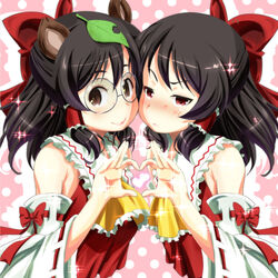  2girls 4-fingers_heart_hands animal_ears ascot bare_shoulders black_hair blush bow brown_eyes commentary_request cosplay detached_sleeves dress futatsuiwa_mamizou glasses hair_tubes hairbow hakurei_reimu hakurei_reimu_(cosplay) heart heart_hands heart_hands_duo leaf leaf_on_head mukai multiple_girls raccoon_ears red_dress red_eyes smile sparkle touhou 