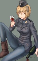  alcohol animal_ears brave_witches brown_eyes brown_hair commentary_request dog_ears dog_girl female military military_uniform pantyhose sabamu solo uniform waltrud_krupinski wine world_witches_series 