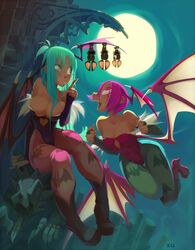  aqua_hair art bat boots capcom cleavage flat_chest gueuzav illustration lilith_aensland moon morrigan_aensland pink_hair sisters spandex succubus vampire_(game) vampire_savior 